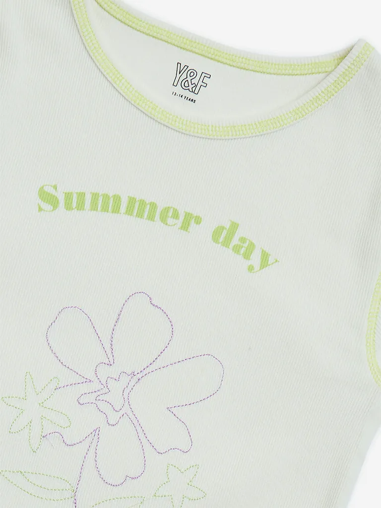 Y&F Kids Off-White Floral Pattern Cotton-Blend T-Shirt