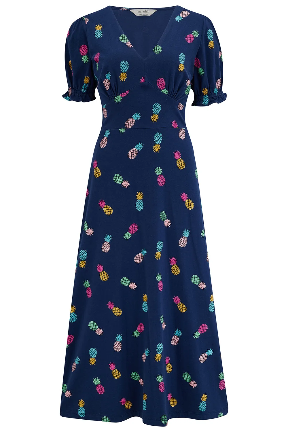 Yana Jersey Midi Tea Dress - Navy. Rainbow Pineapples