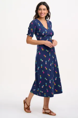 Yana Jersey Midi Tea Dress - Navy. Rainbow Pineapples