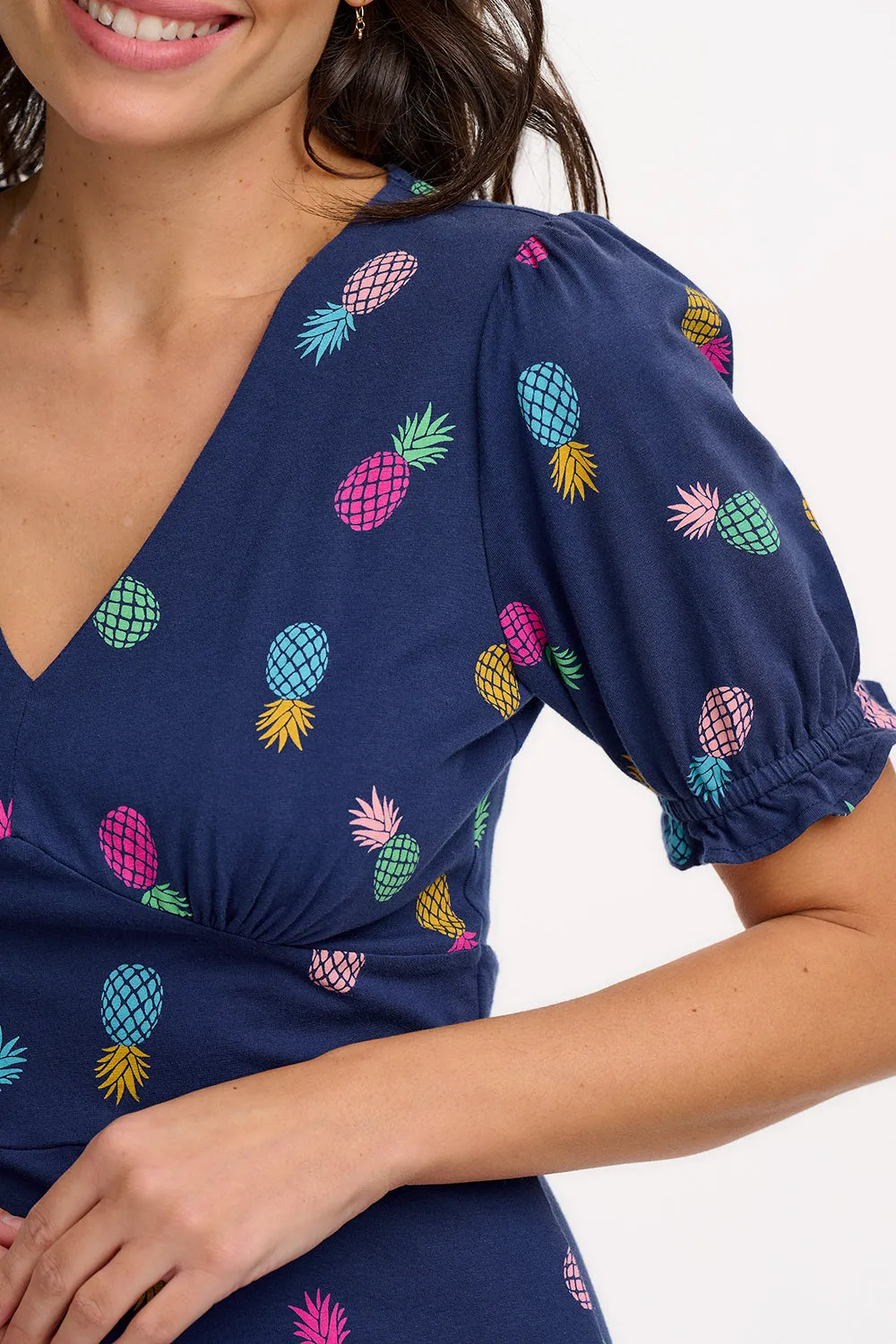Yana Jersey Midi Tea Dress - Navy. Rainbow Pineapples