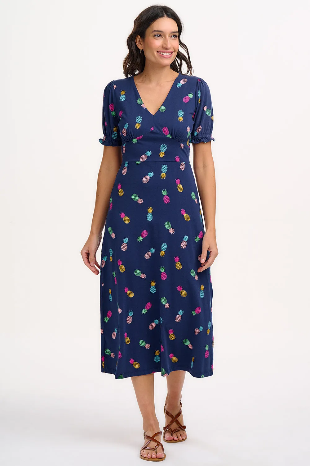 Yana Jersey Midi Tea Dress - Navy. Rainbow Pineapples
