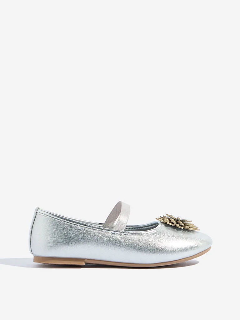 Yellow Silver Floral Applique Mary Jane Shoes