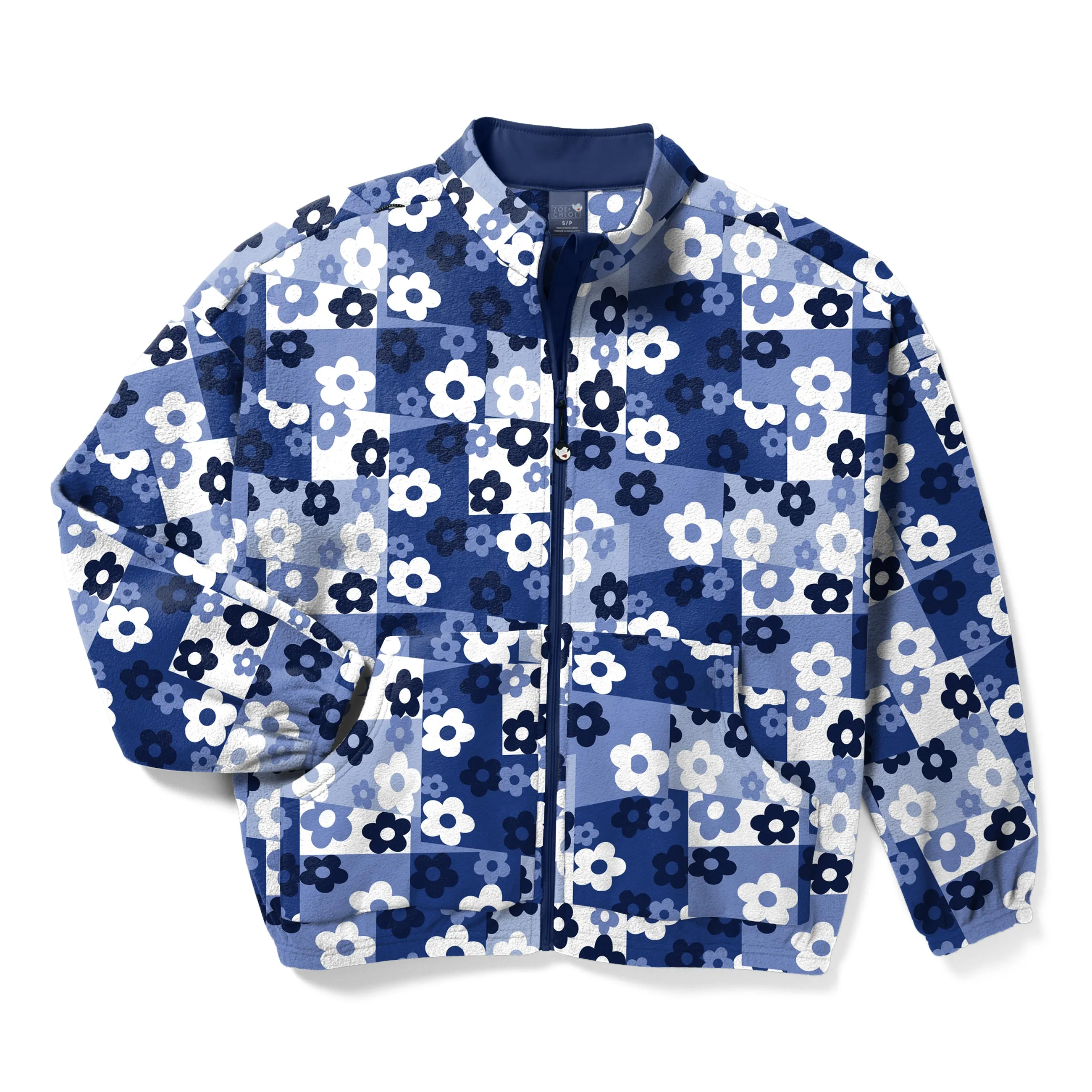 Zoe Chloe Boxy Fit Printed Fleece Jacket - Skater Check Blue