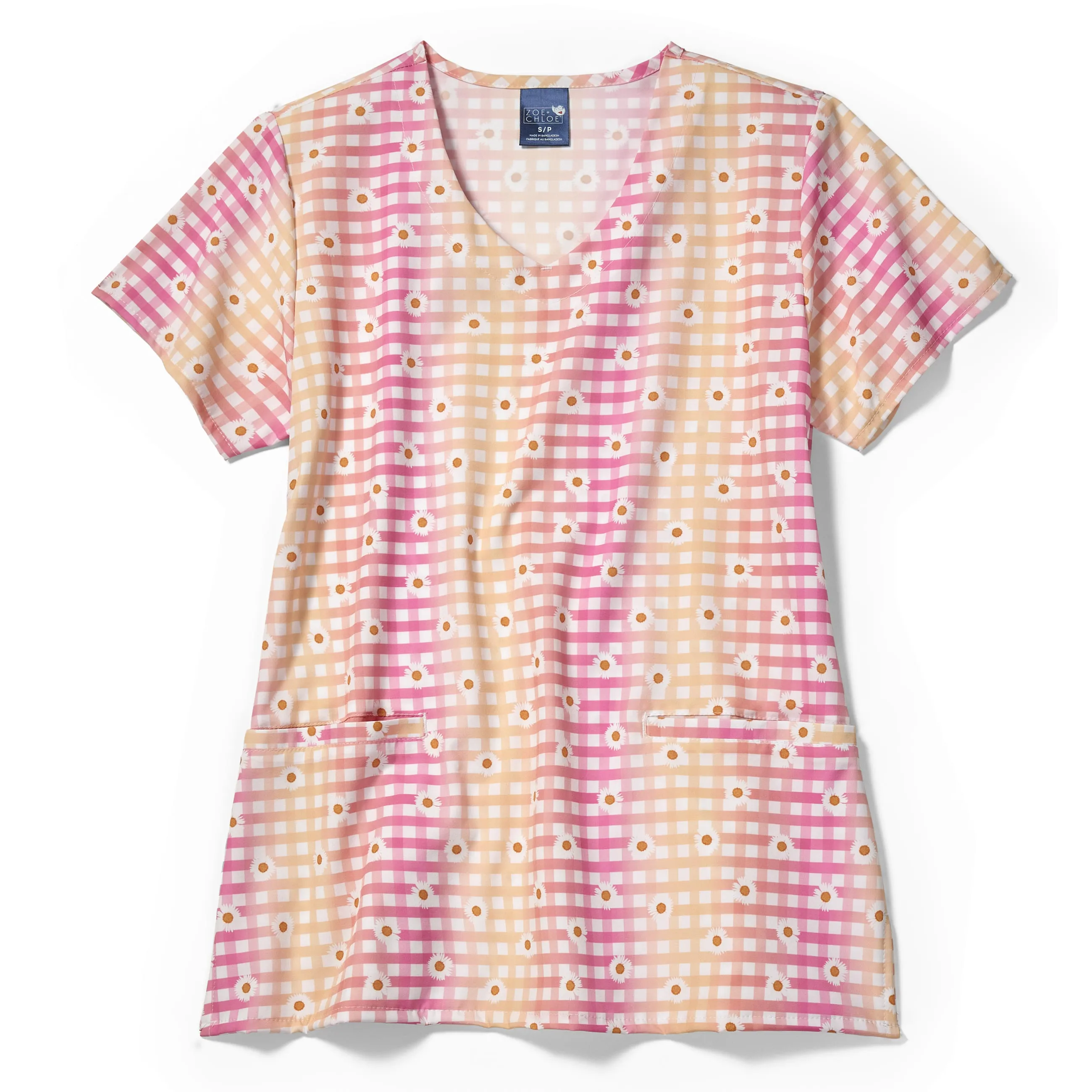 Zoe Chloe V-Neck Border Print Scrub Top - Check Up